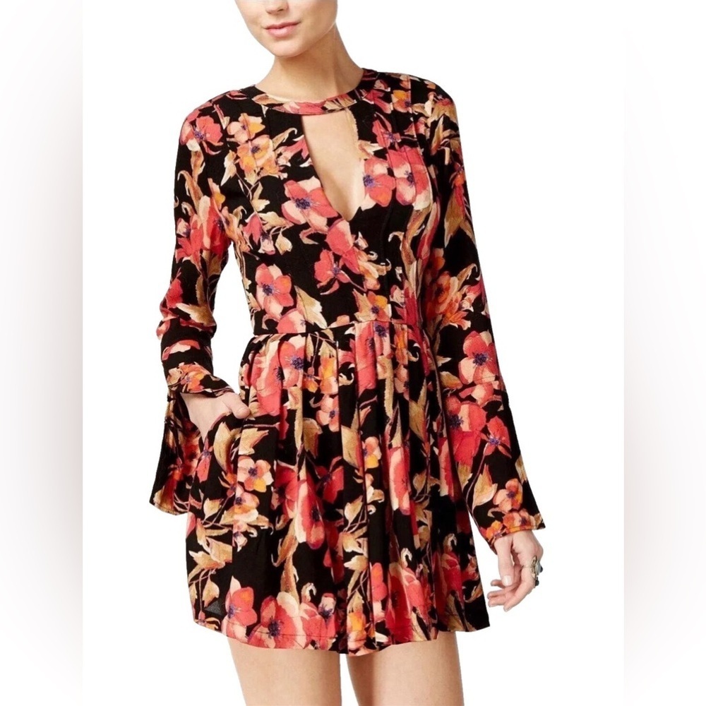 Free People Tegan Printed Cutout Mini Dress Black Women’s Sizs 4